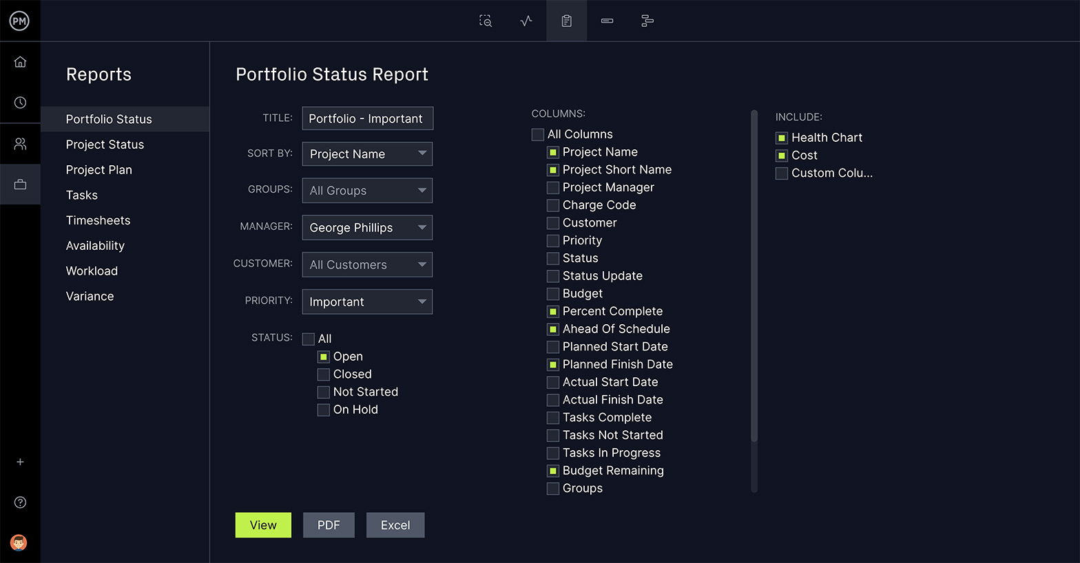 screenshot of the report feature in ProjectManager